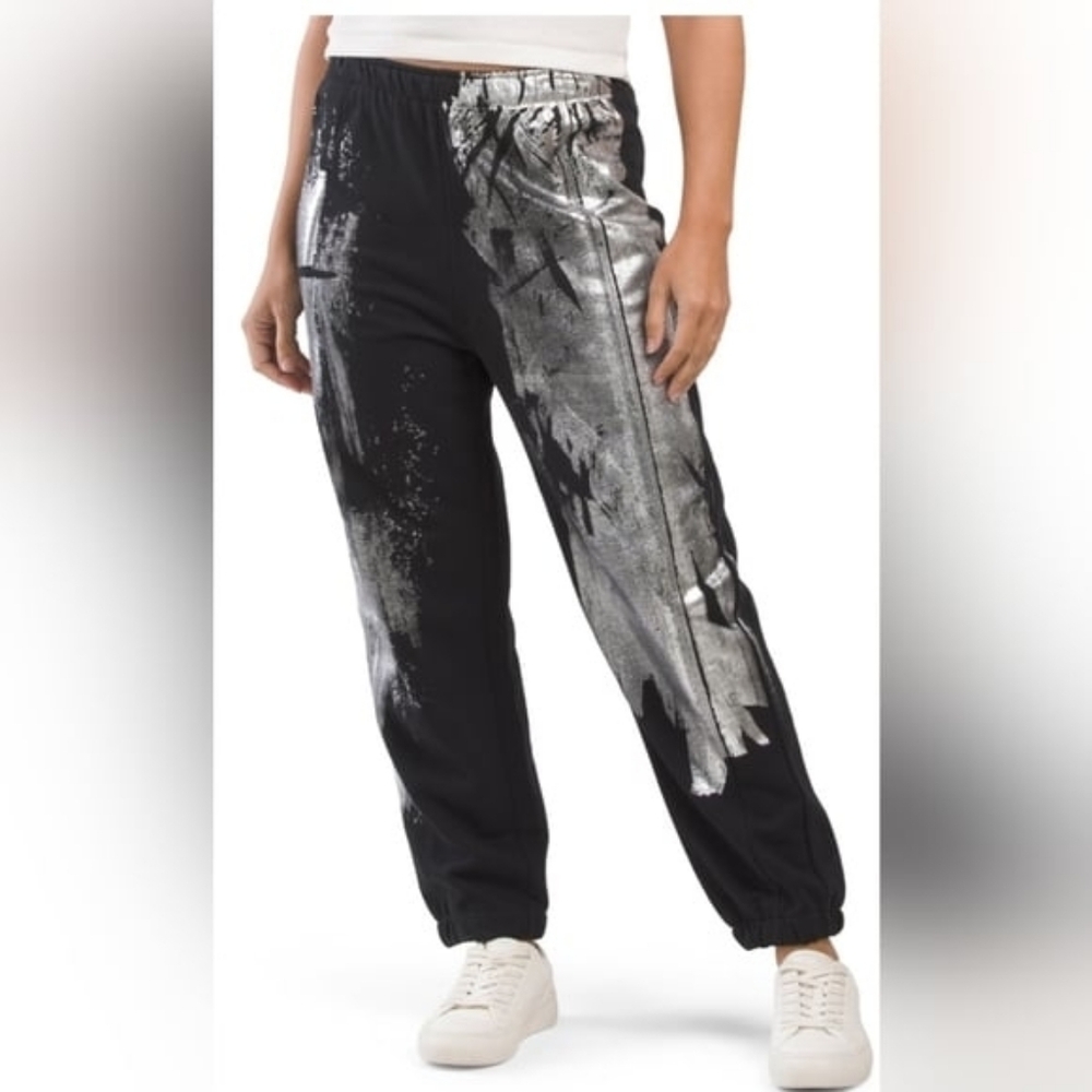 Zara Foil Metallic Paint Joggers Sweatpants Black Silver Size Small - Picture 2 of 9